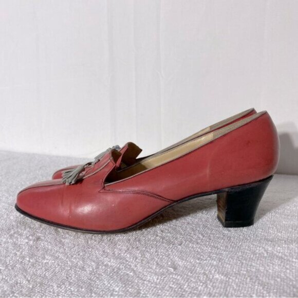 Vintage Barker Coral Leather Slip On Low Heel Loafers W Grey Tassels 9 - Picture 2 of 16